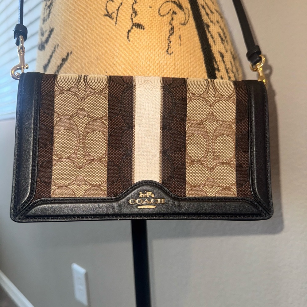 Coach Signature Stripe Crossbody Bag in Brown and Black